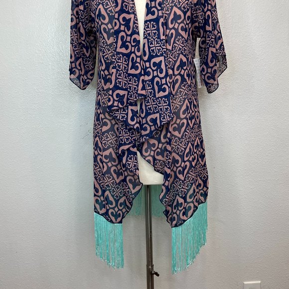 NWT LulaRoe Monroe Kimono Blueish Purple Mint Green Heart Print Size S - Picture 2 of 8